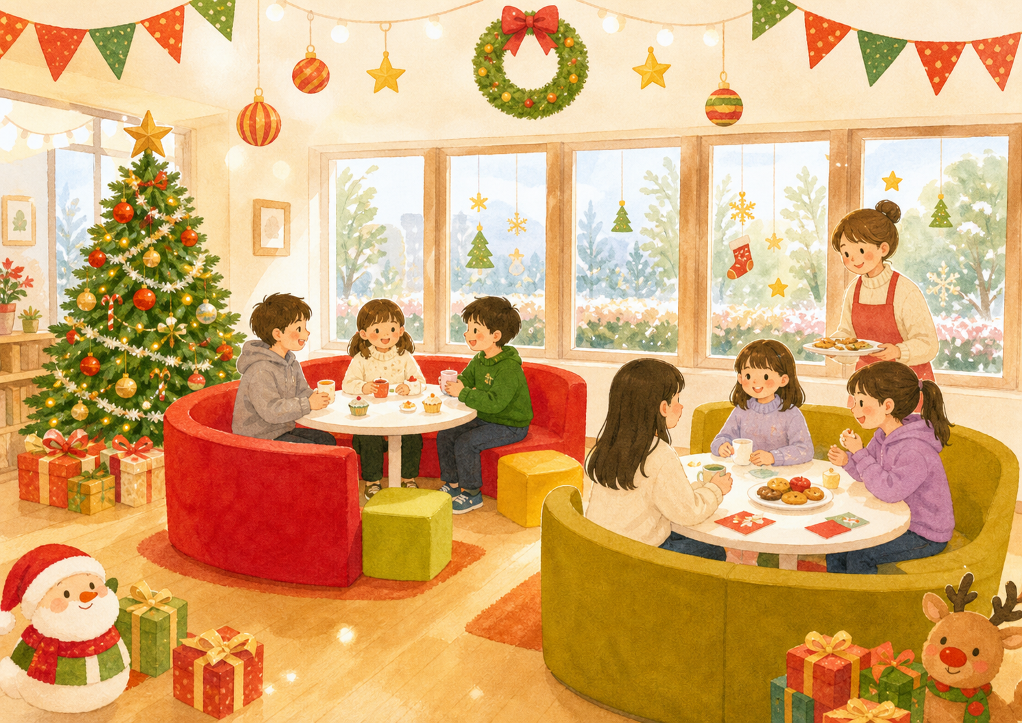 クリスマスかざりのある部屋でくつろぐ子どもたち