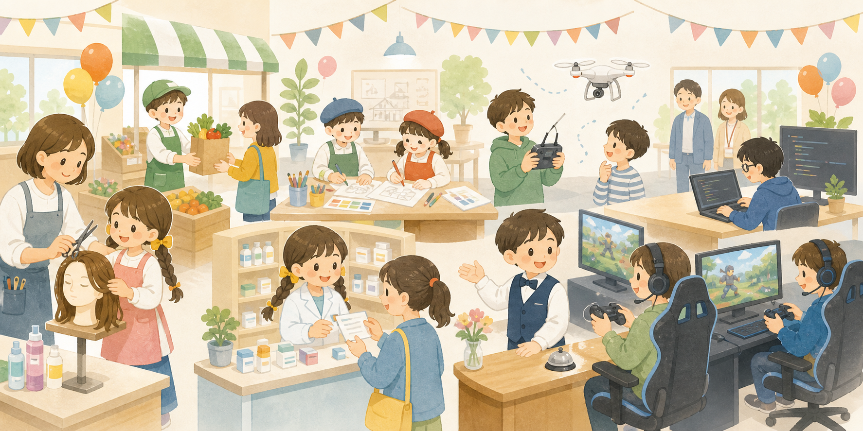 いろいろな職業に扮したキャラクターたち